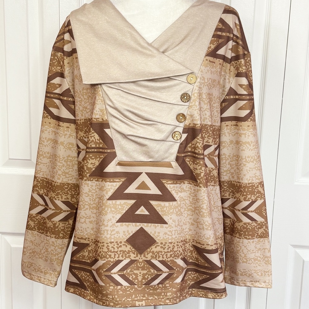 NWT Noracora Tan & Brown Southwestern Print Long Sleeve Shirt Large